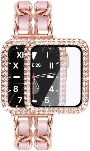 Mazuboho ile uyumlu apple saat bandı 44mm + Elmas Ekran Koruyucu Kapak, Kadınlar için Kolay Ayarlanabilir, Takı Bilezik