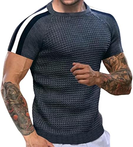 2023 Yeni erkek Kas T Shirt Kontrast Renk Streç Kısa Kollu Egzersiz Tee Casual Slim Fit Henley Gömlek Mens