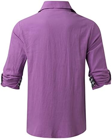 ZDDO erkek Pamuk Keten Düğme Aşağı Gömlek, sonbahar Uzun Kollu Hipster Ekose Patchwork Gömlek Yaka Rahat Plaj Gömlek