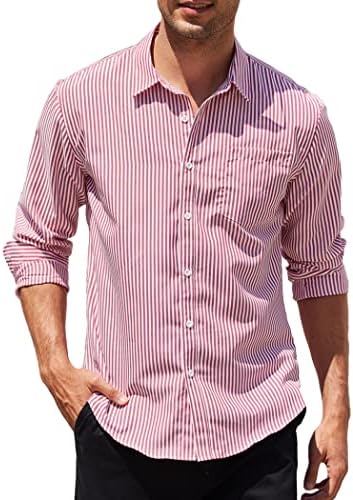 COOFANDY erkek Rahat Çizgili Düğme Aşağı Gömlek Uzun Kollu Slim Fit Elbise Gömlek Untucked Gömlek