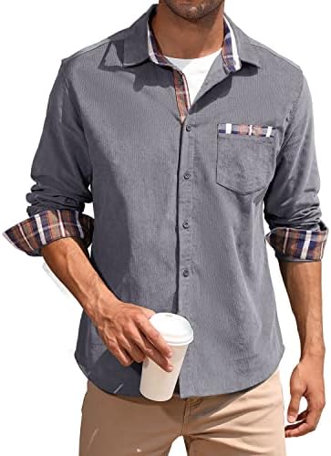 TURETRENDY erkek Rahat Gömlek Kadife Ekose Düğme Aşağı İş Gömlek Ceket Cep Gömlek