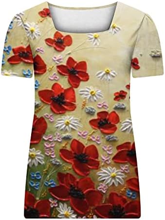Yaz Bayan Kısa Kollu Üstleri Kare Yaka Casual Egzersiz T Shirt Gevşek Çiçek Tunik Temel Tees Henley Tops